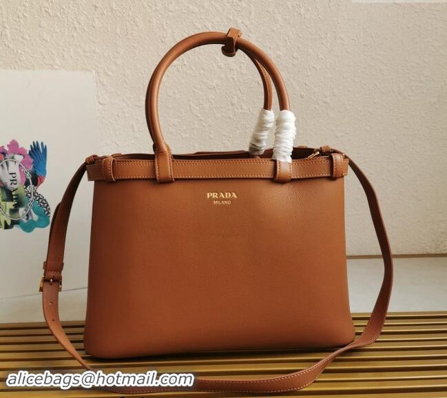 New Design Prada Buckle medium leather handbag with double belt 1BA417 Brown 2024