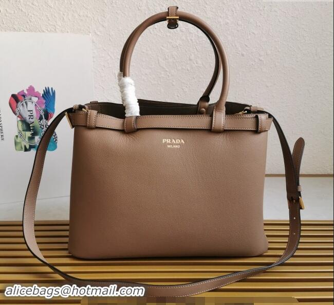 Famous Brand Prada Buckle medium leather handbag with double belt 1BA417 Powder Beige 2024