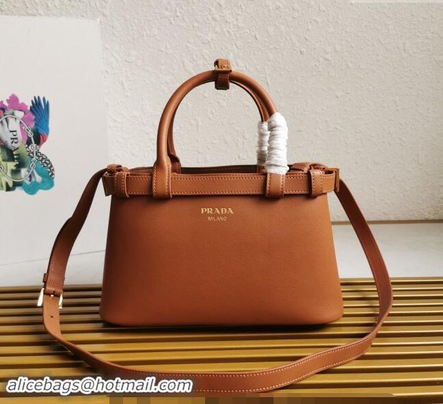 Buy Fashionable Prada Buckle small leather handbag with double belt 1BA418 Brown 2024