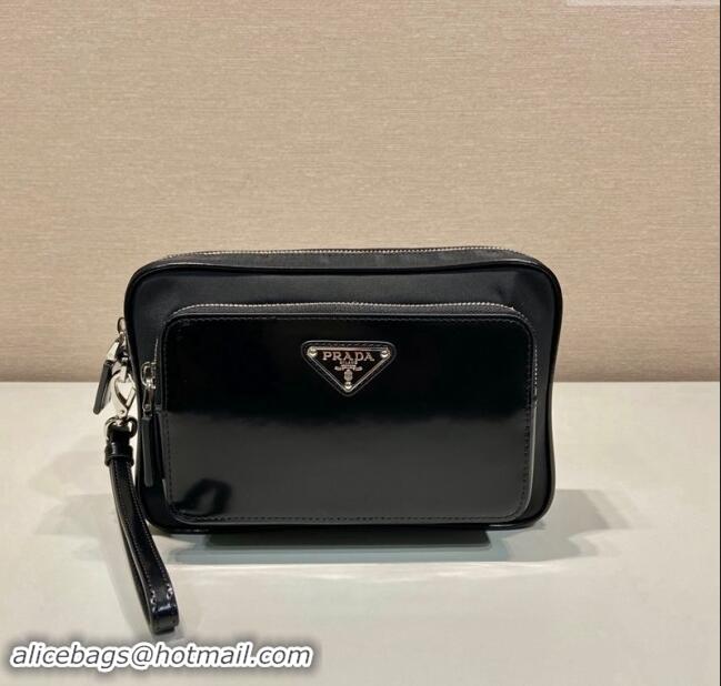 Shop Grade Prada Men's Re-Nylon and brushed leather pouch 2VF041 Black 2024