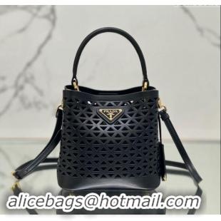 Super Quality Prada Small Cutout Leather Panier Bucket Bag 1BA217 Black 2024