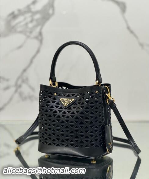 Super Quality Prada Small Cutout Leather Panier Bucket Bag 1BA217 Black 2024