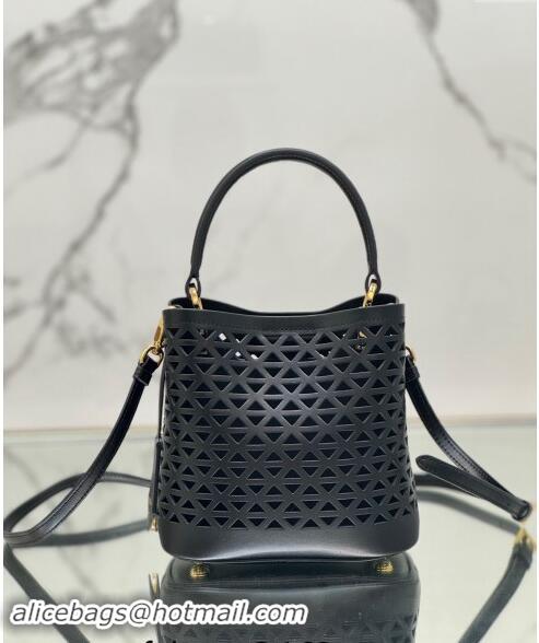 Super Quality Prada Small Cutout Leather Panier Bucket Bag 1BA217 Black 2024