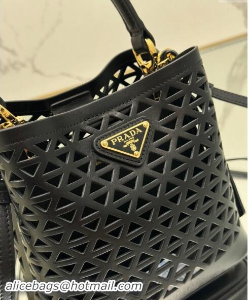 Super Quality Prada Small Cutout Leather Panier Bucket Bag 1BA217 Black 2024