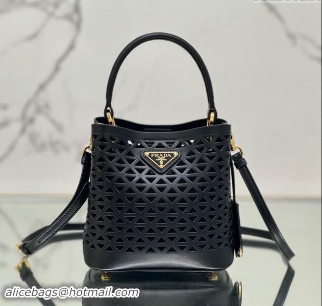 Super Quality Prada Small Cutout Leather Panier Bucket Bag 1BA217 Black 2024