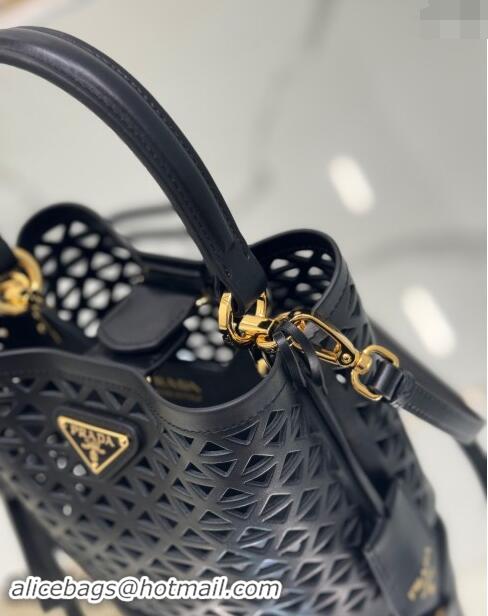 Super Quality Prada Small Cutout Leather Panier Bucket Bag 1BA217 Black 2024