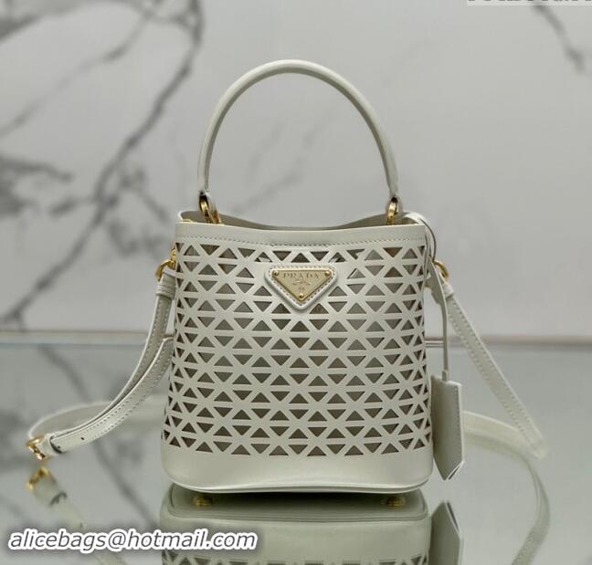 Top Grade Prada Small Cutout Leather Panier Bucket Bag 1BA217 White 2024