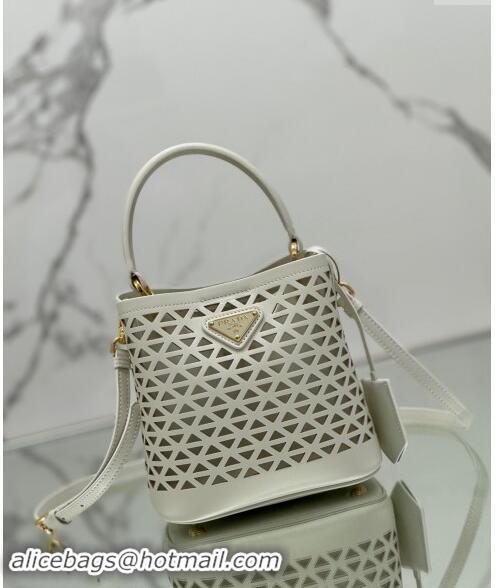 Top Grade Prada Small Cutout Leather Panier Bucket Bag 1BA217 White 2024