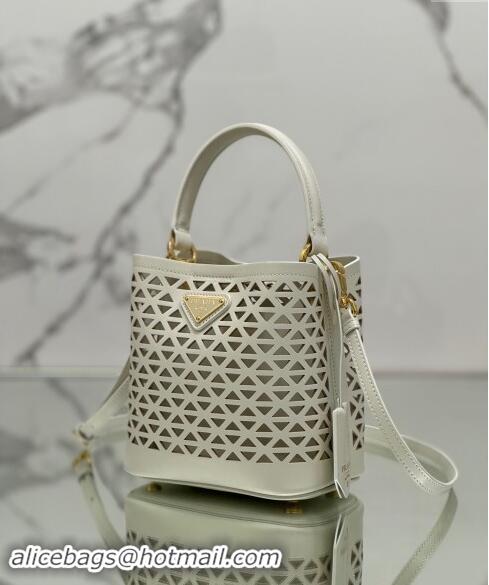 Top Grade Prada Small Cutout Leather Panier Bucket Bag 1BA217 White 2024