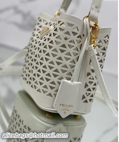 Top Grade Prada Small Cutout Leather Panier Bucket Bag 1BA217 White 2024