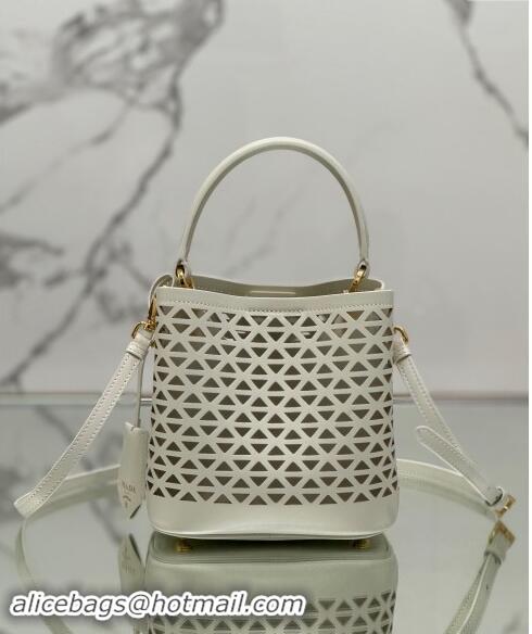 Top Grade Prada Small Cutout Leather Panier Bucket Bag 1BA217 White 2024