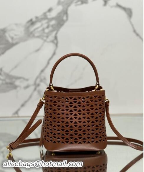 Good Taste Prada Small Cutout Leather Panier Bucket Bag 1BA217 Brown 2024