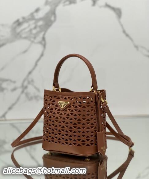 Good Taste Prada Small Cutout Leather Panier Bucket Bag 1BA217 Brown 2024