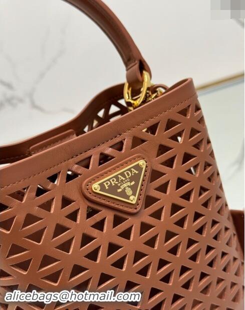 Good Taste Prada Small Cutout Leather Panier Bucket Bag 1BA217 Brown 2024