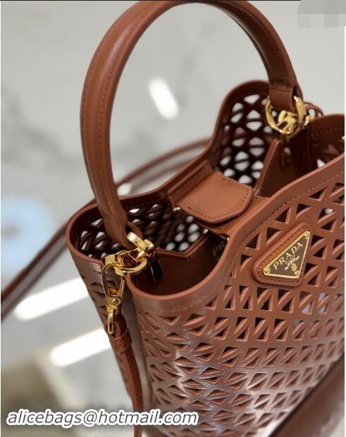 Good Taste Prada Small Cutout Leather Panier Bucket Bag 1BA217 Brown 2024