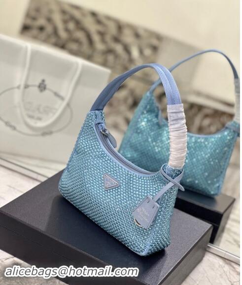 Super Quality Prada Re-Edition 2000 Crystal Mini Hobo Bag 1NE515 Light Blue 2024