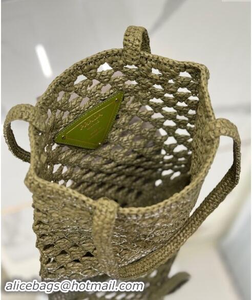 Trendy Design Prada Woven fabric crochet tote bag 1BG493 Olive Green 2024