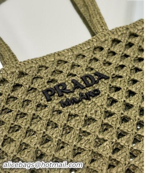 Trendy Design Prada Woven fabric crochet tote bag 1BG493 Olive Green 2024