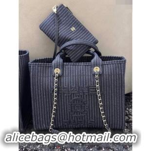 Super Quality Chanel Small Deauville Striped Denim Shopping Bag CH1916 Dark Blue 2024