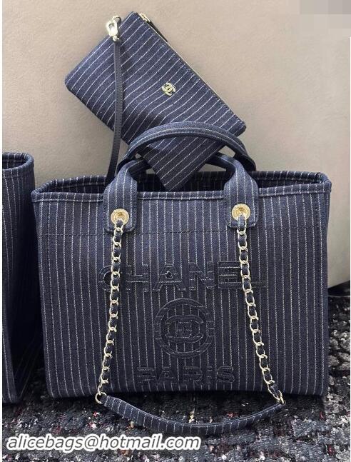 Super Quality Chanel Small Deauville Striped Denim Shopping Bag CH1916 Dark Blue 2024