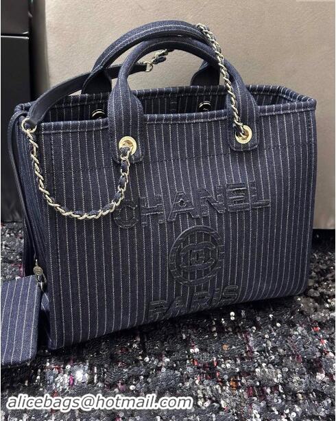 Super Quality Chanel Small Deauville Striped Denim Shopping Bag CH1916 Dark Blue 2024