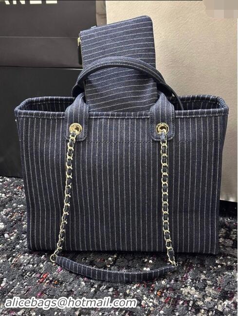 Super Quality Chanel Small Deauville Striped Denim Shopping Bag CH1916 Dark Blue 2024