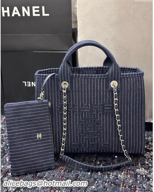 Super Quality Chanel Small Deauville Striped Denim Shopping Bag CH1916 Dark Blue 2024