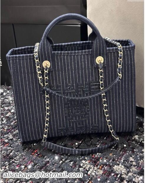 Super Quality Chanel Small Deauville Striped Denim Shopping Bag CH1916 Dark Blue 2024