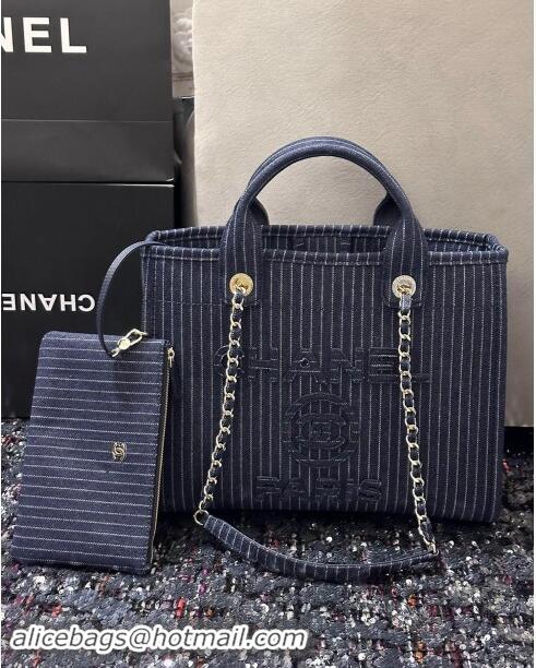 Super Quality Chanel Small Deauville Striped Denim Shopping Bag CH1916 Dark Blue 2024