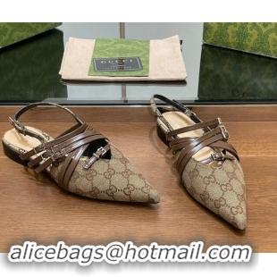 Grade Quality Gucci Strappy Buckle GG Canvas Slingback Ballet Flat Beige 906091