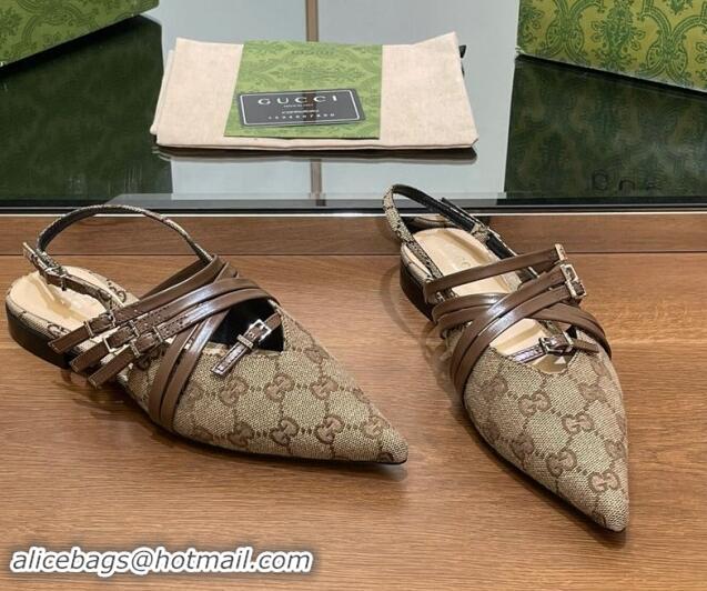 Grade Quality Gucci Strappy Buckle GG Canvas Slingback Ballet Flat Beige 906091