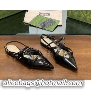 Unique Style Gucci Strappy Buckle Patent Leather Slingback Ballet Flat Black 906093