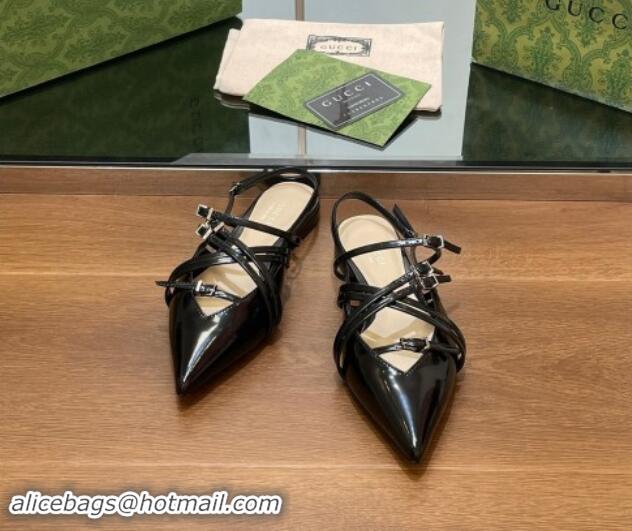 Unique Style Gucci Strappy Buckle Patent Leather Slingback Ballet Flat Black 906093