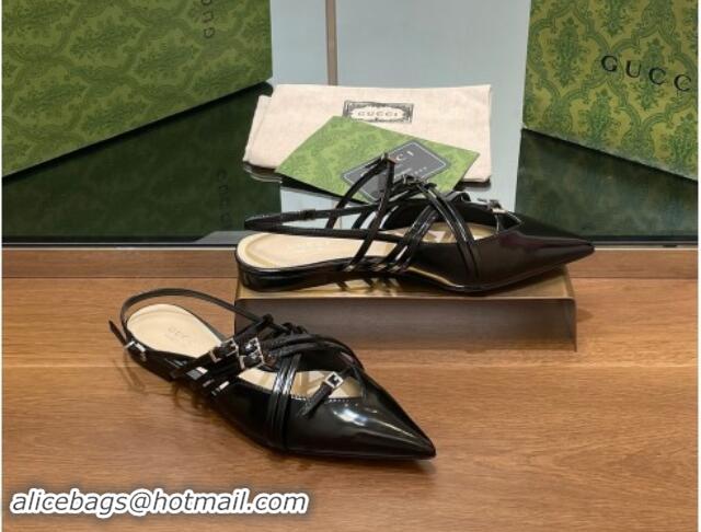 Unique Style Gucci Strappy Buckle Patent Leather Slingback Ballet Flat Black 906093