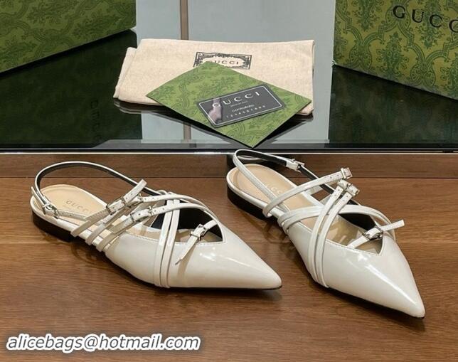 Charming Gucci Strappy Buckle Patent Leather Slingback Ballet Flat White 906094