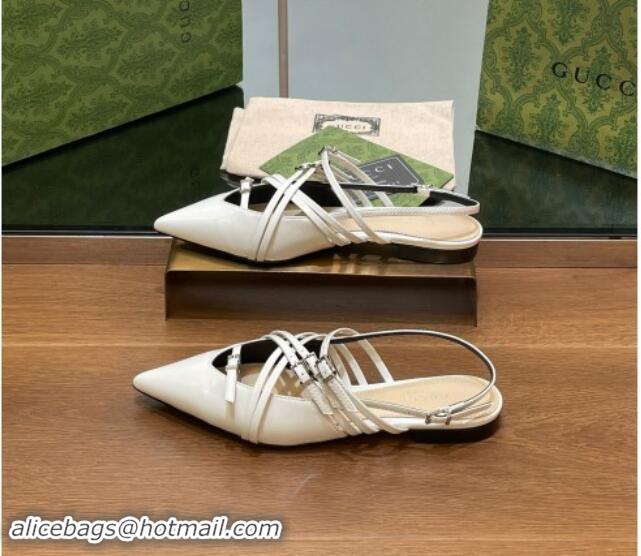 Charming Gucci Strappy Buckle Patent Leather Slingback Ballet Flat White 906094