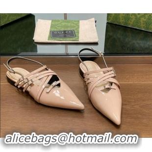 Popular Style Gucci Strappy Buckle Patent Leather Slingback Ballet Flat Nude Pink 906097