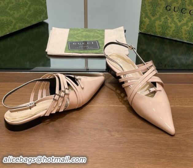 Popular Style Gucci Strappy Buckle Patent Leather Slingback Ballet Flat Nude Pink 906097