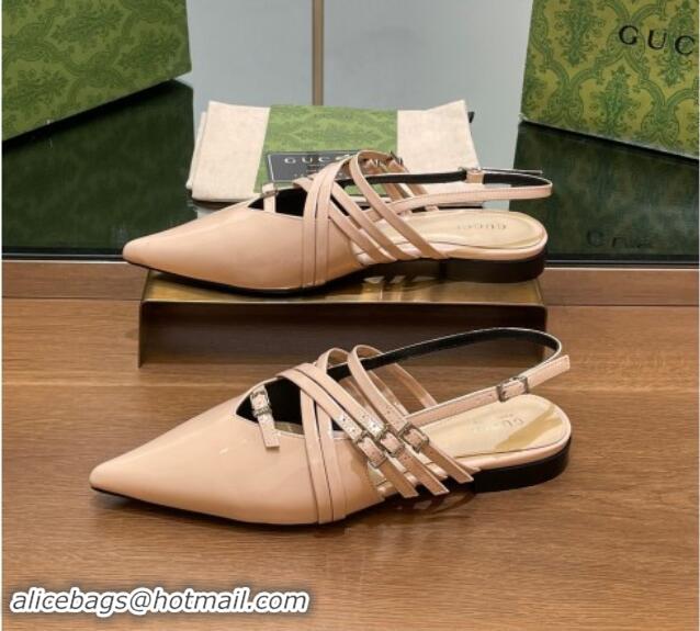 Popular Style Gucci Strappy Buckle Patent Leather Slingback Ballet Flat Nude Pink 906097