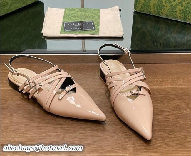 Popular Style Gucci Strappy Buckle Patent Leather Slingback Ballet Flat Nude Pink 906097