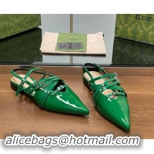 Good Quality Gucci Strappy Buckle Patent Leather Slingback Ballet Flat Green 906098