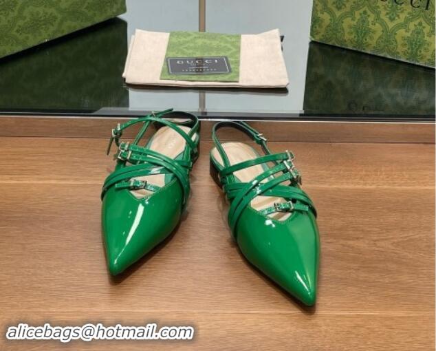 Good Quality Gucci Strappy Buckle Patent Leather Slingback Ballet Flat Green 906098