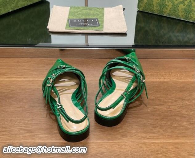 Good Quality Gucci Strappy Buckle Patent Leather Slingback Ballet Flat Green 906098