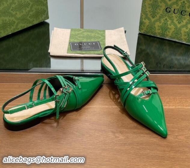 Good Quality Gucci Strappy Buckle Patent Leather Slingback Ballet Flat Green 906098