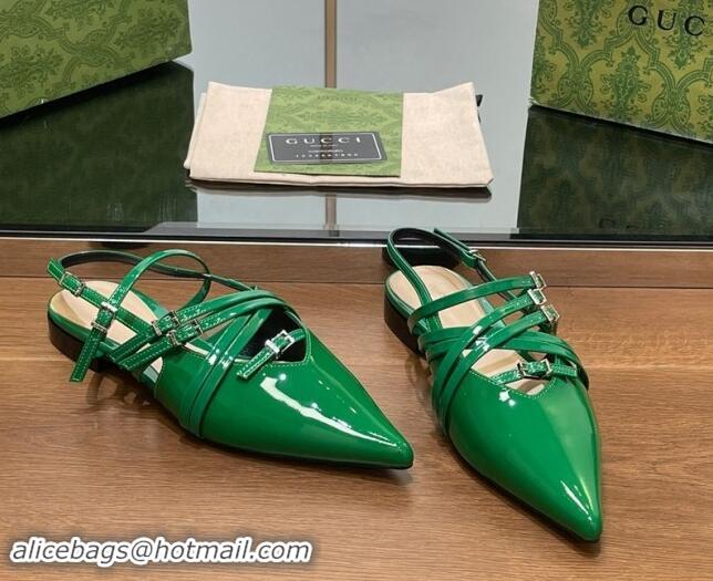 Good Quality Gucci Strappy Buckle Patent Leather Slingback Ballet Flat Green 906098