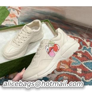 Top Grade Gucci Rhyton Sneakers in Ivory White Leather with Berry Print 0906106