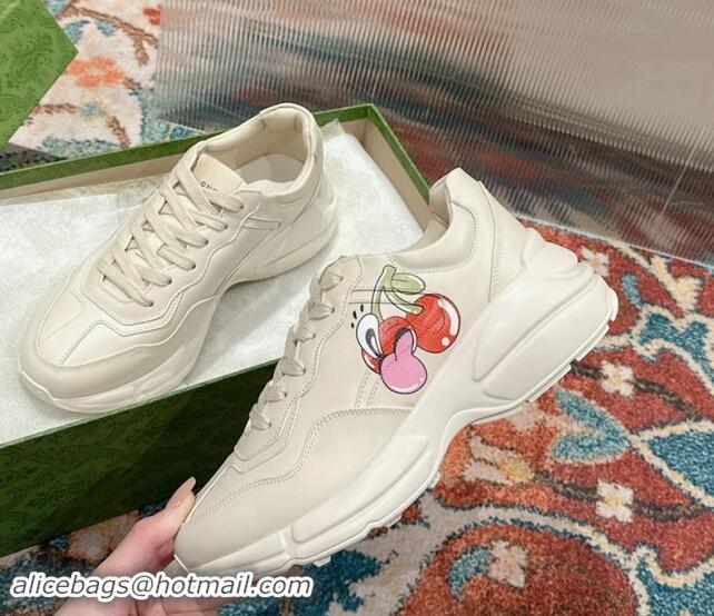 Top Grade Gucci Rhyton Sneakers in Ivory White Leather with Berry Print 0906106