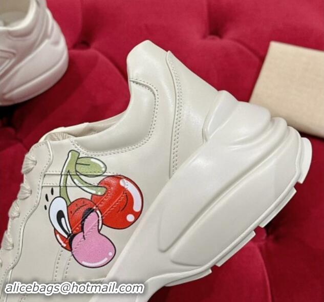 Top Grade Gucci Rhyton Sneakers in Ivory White Leather with Berry Print 0906106