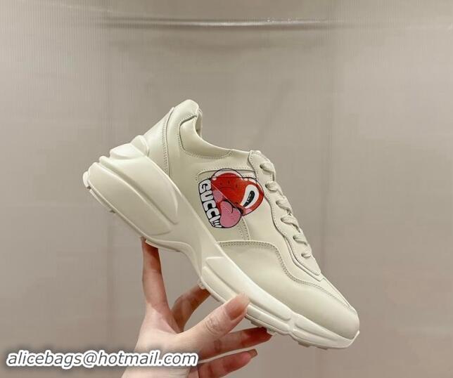 Top Grade Gucci Rhyton Sneakers in Ivory White Leather with Berry Print 0906106