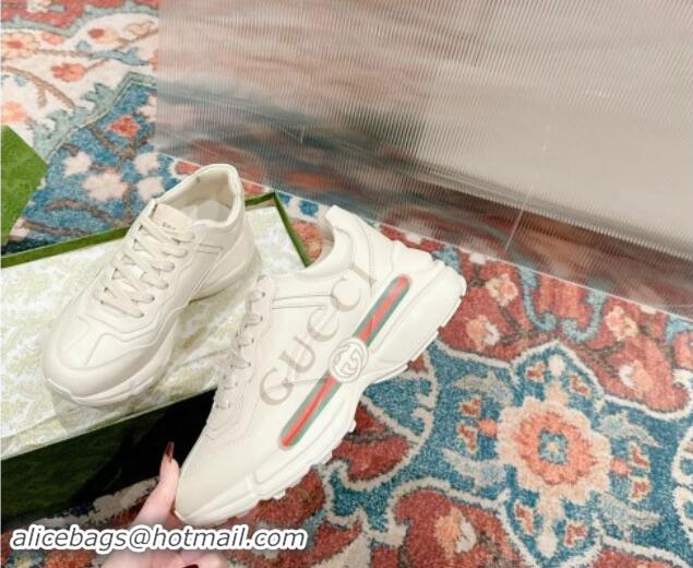 Top Design Gucci Rhyton Sneakers in Ivory White Leather with Web Logo 906107